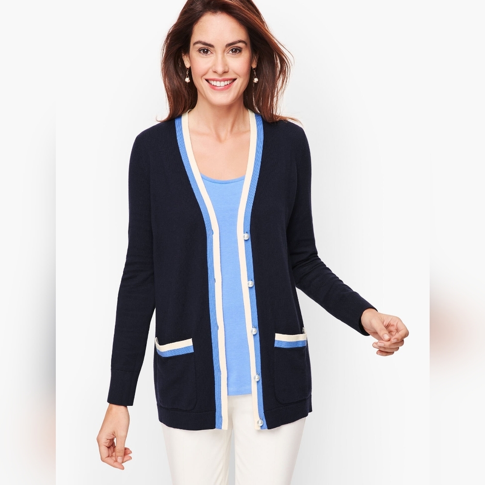 TALBOTS Super Soft Contrast Trim Navy Blue Cardigan | SZ M - Picture 12 of 12